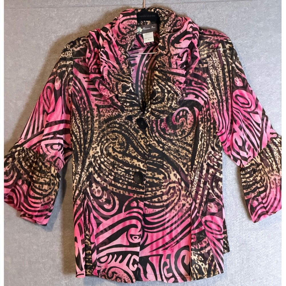 Damee Blouse M Sheer Animal Print Ruffle Mesh Jacket Whimsigoth Y2K Aesthetic